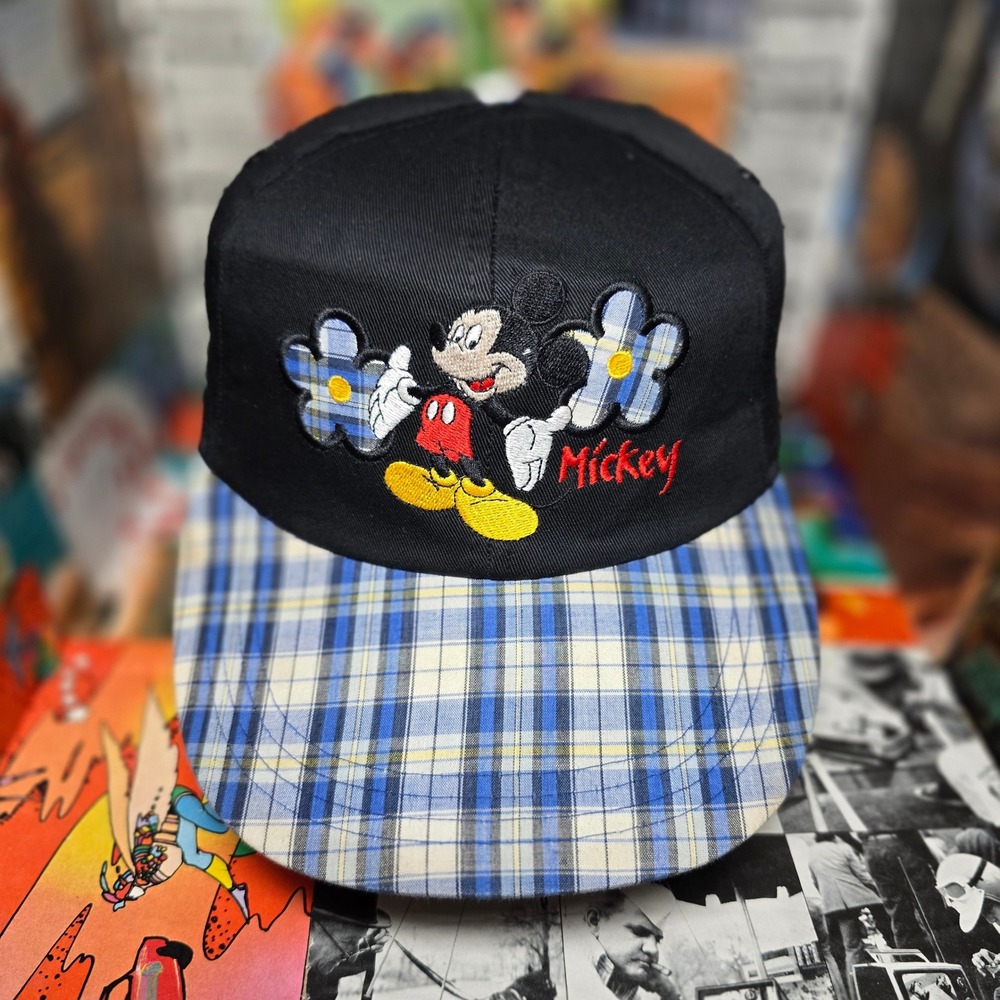 Disney Mickey Mouse 90s Plaid Embroidered FlexFit M/L Vintage Cartoon Hat